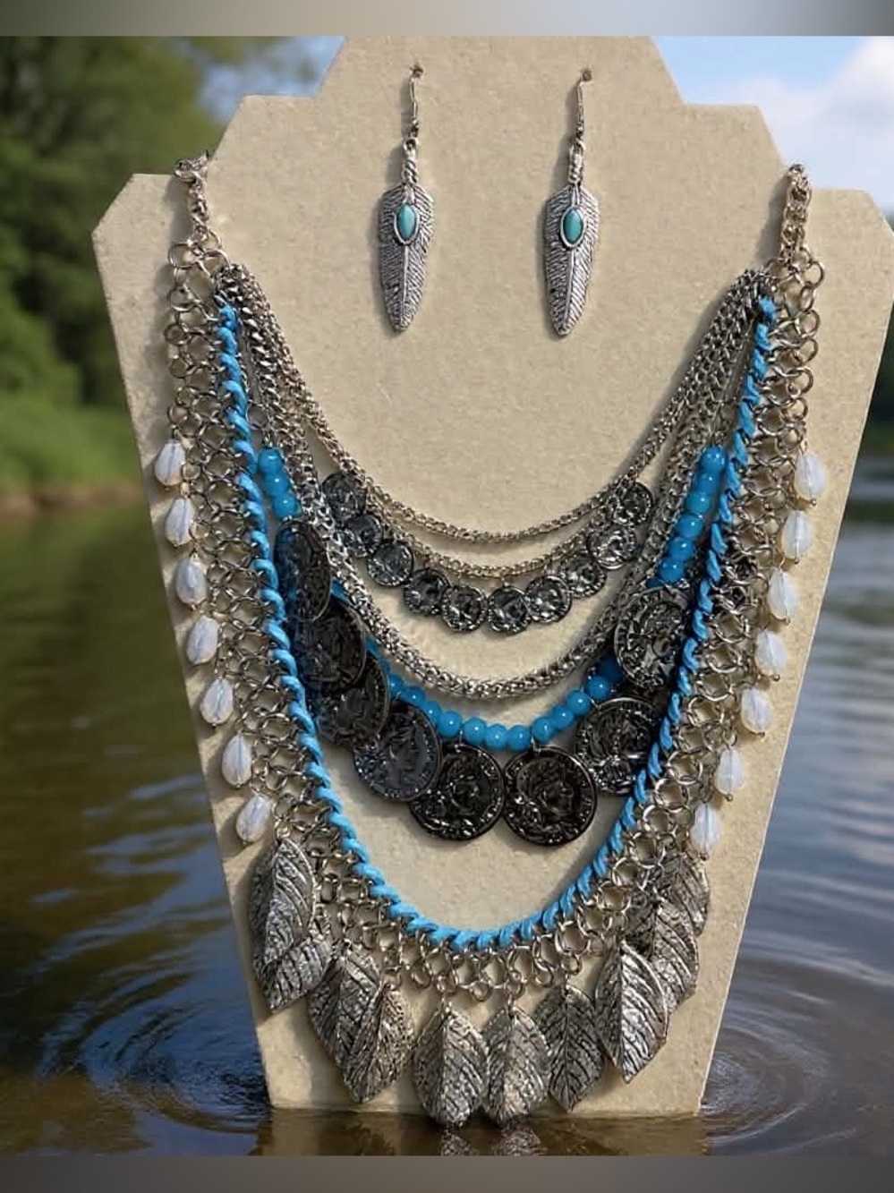Boho Silver and Turquoise Layered Leaf Coin Necklace Set - Women Jewelry